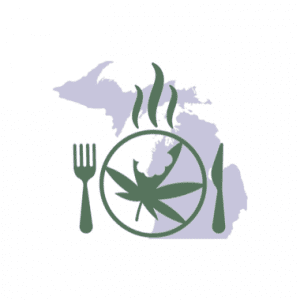 The image features a graphic of a plate with cannabis leaves and cutlery, suggesting a concept related to the consumption of cannabis-infused cuisine.