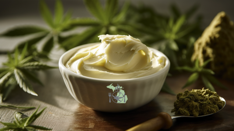 A bowl of cream with cannabis leaves and buds nearby suggests a cannabis-infused edible product. marijuana buttercream