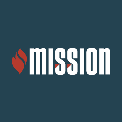 The image displays the word 'MISSION' in white capital letters with a stylized red flame design positioned to the left of the word.