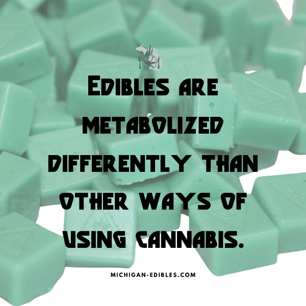 The image features green cubes, possibly candy, with text overlay discussing how edibles are metabolized differently than other forms of cannabis.