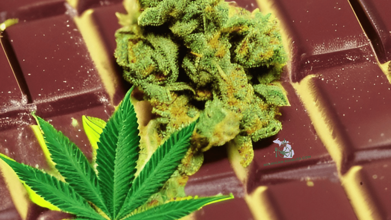 The image shows a cannabis leaf and bud on top of a bar of chocolate, suggesting a combination of the two substances.