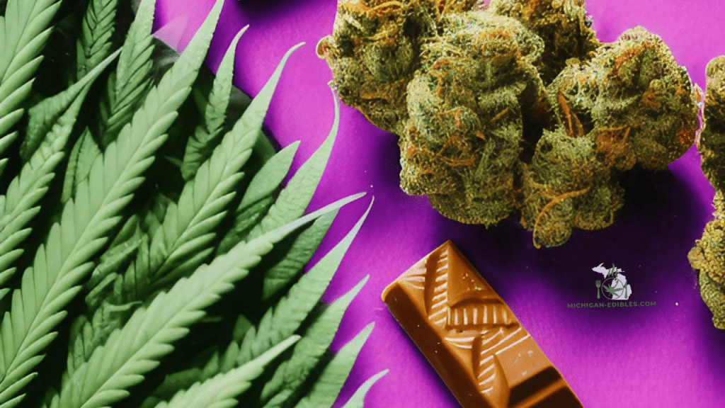 A cannabis leaf, buds, and a chocolate bar placed on a purple background with a website address in the corner.