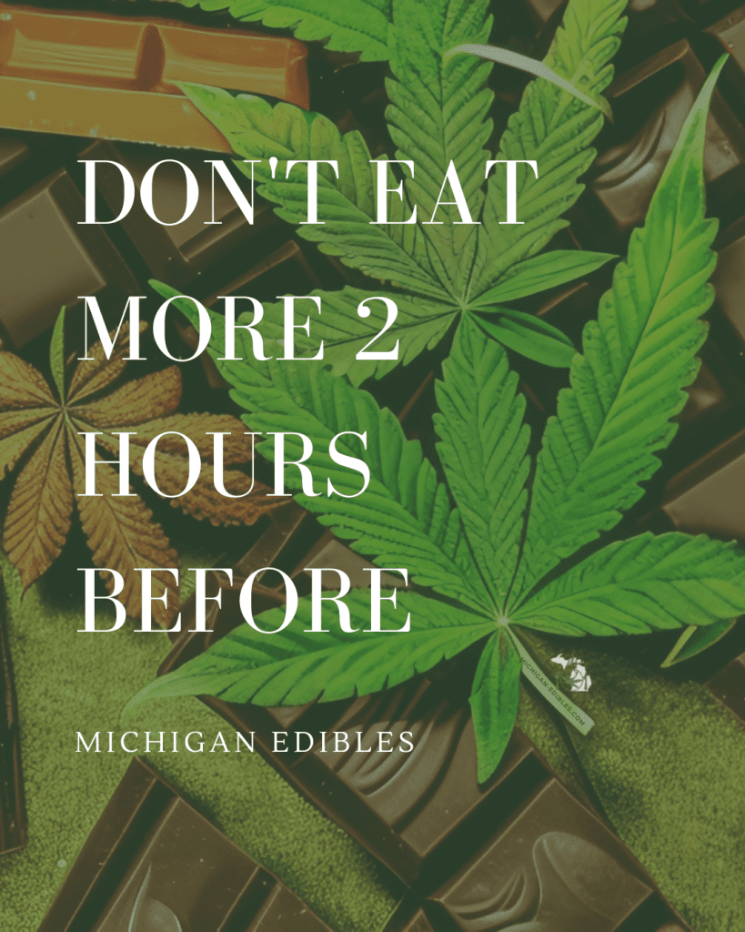 The image displays cannabis leaves on top of chocolate bars with the text 'DON'T EAT MORE 2 HOURS BEFORE' and 'MICHIGAN EDIBLES.'