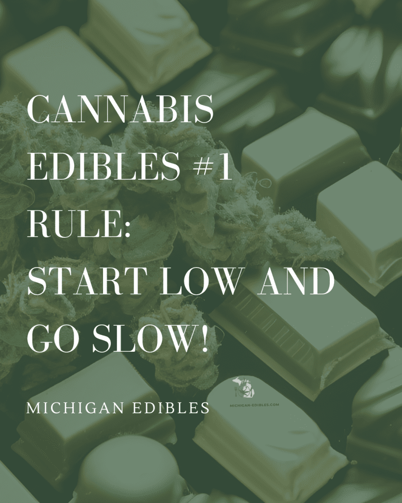 The image features a message about responsible consumption of cannabis edibles, emphasizing the approach to 'start low and go slow,' against a backdrop of chocolate pieces.