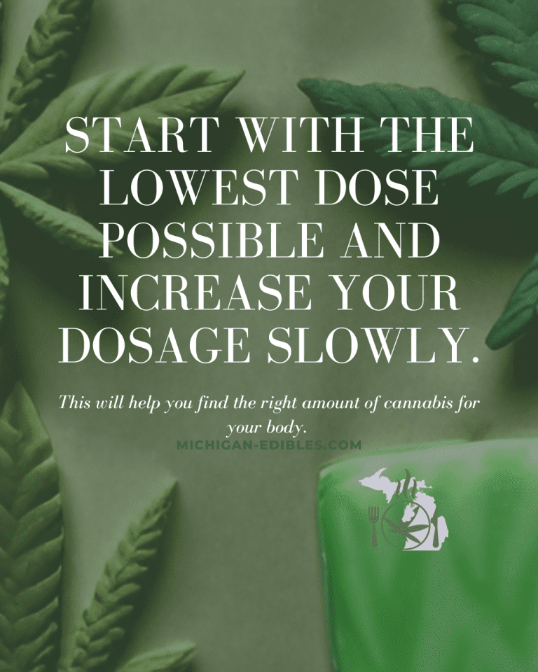 The image contains text advising starting with a low dose of cannabis and increasing slowly, against a background featuring cannabis leaves and a green object.