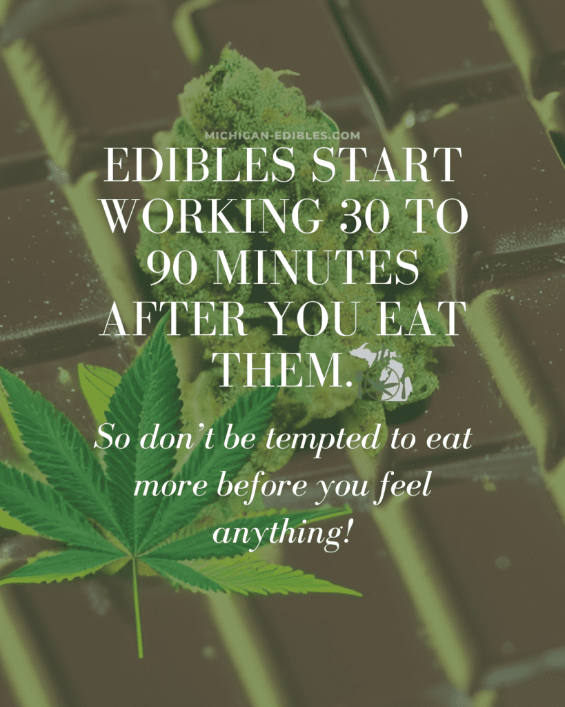 The image contains text advice about the delayed effects of edibles on a background featuring cannabis leaves and chocolate.