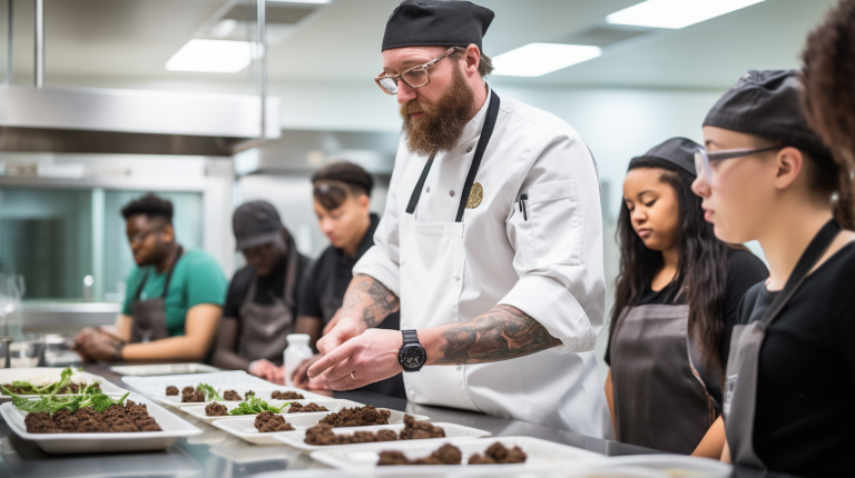 Cannabis chef in a teaching kitchen teaching students how to make edibles