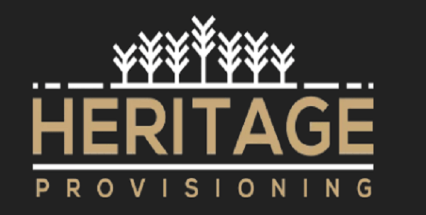 The image is a logo for 'Heritage Provisioning' featuring stylized trees above the text and a two-tone color scheme.