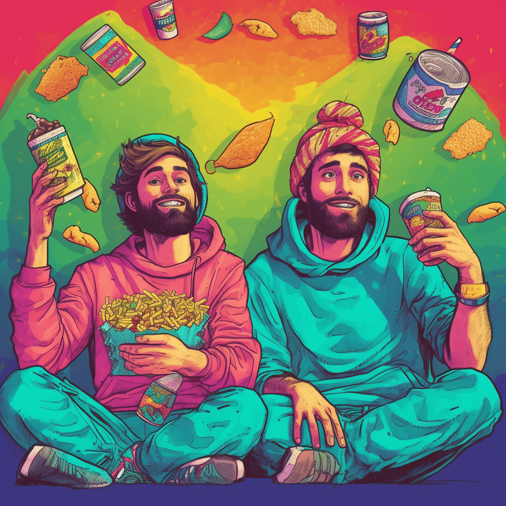 Two men in colorful hoodies are enjoying snacks and soda against a vivid, psychedelic background.