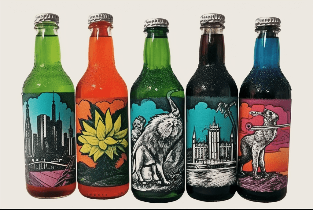 Five colorful soda bottles with unique artistic labels depicting various scenes and animals, presented against a white background.