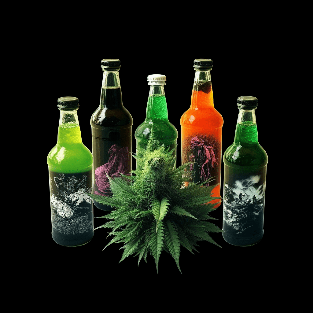 Five colorful bottles with unique artistic labels arranged around a central green plant against a black background.