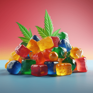 A pile of colorful, translucent gummy candies with a cannabis leaf on top, set against a red and blue gradient background.