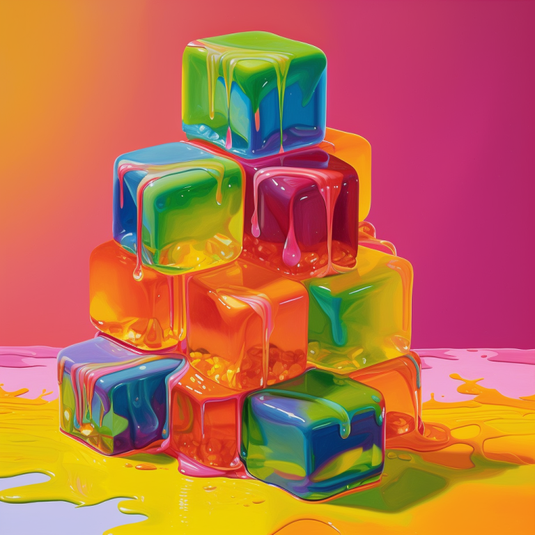 A colorful stack of glossy, translucent cubes melting on a surface with a gradient pink and yellow background.