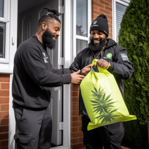 Two men, one handing a bag with a cannabis leaf design to the other, are smiling outside a house.