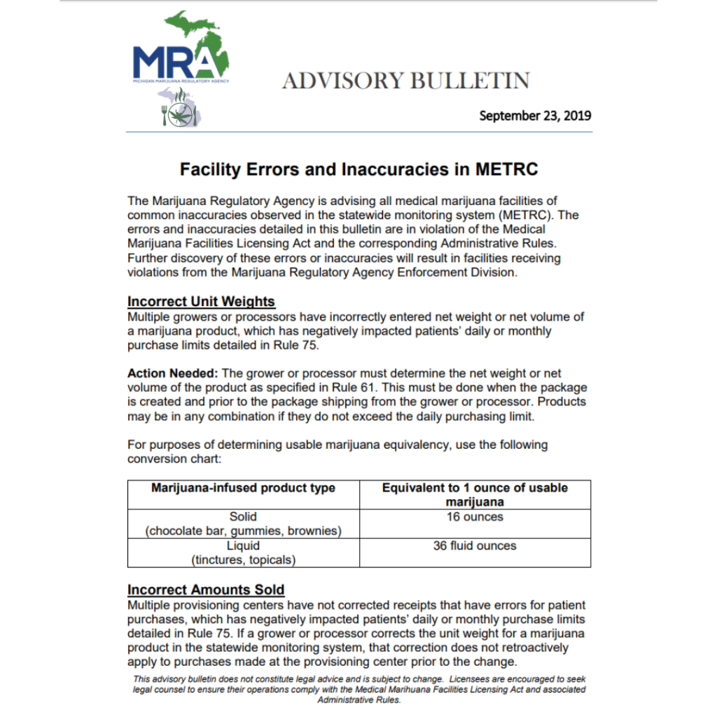 The image displays an advisory bulletin from the Marijuana Regulatory Agency dated September 23, 2019, concerning metric unit conversions in the sale of marijuana products.