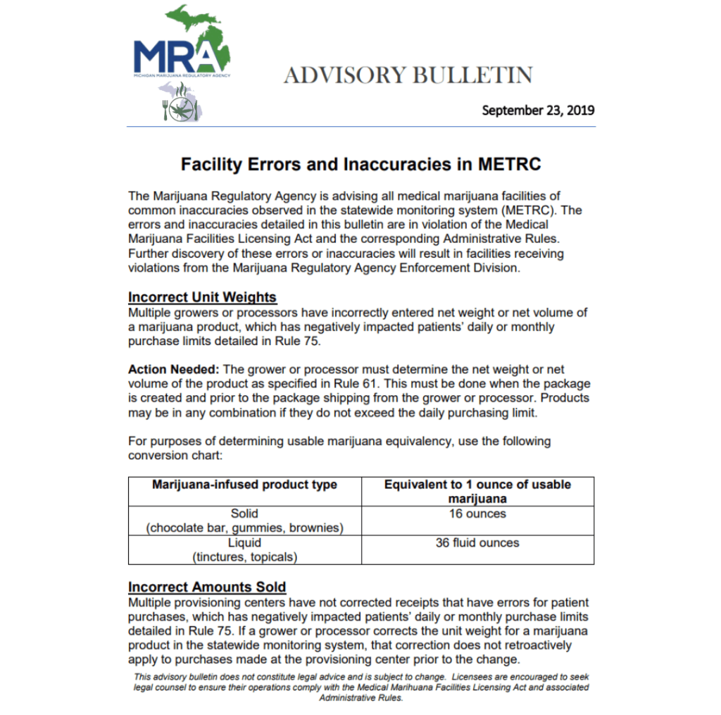 The image displays an advisory bulletin from the Marijuana Regulatory Agency dated September 23, 2019, concerning metric unit conversions in the sale of marijuana products.