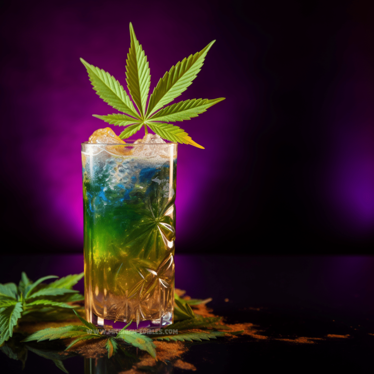 A colorful cocktail garnished with a cannabis leaf on a reflective surface, set against a purple backdrop.