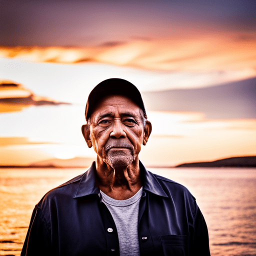 An elderly man with a hat standing before a sunset over water.