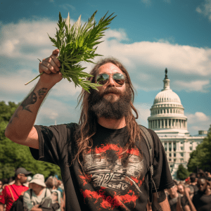 A person with sunglasses and a beard is holding up a green plant with the Capitol building in the background.