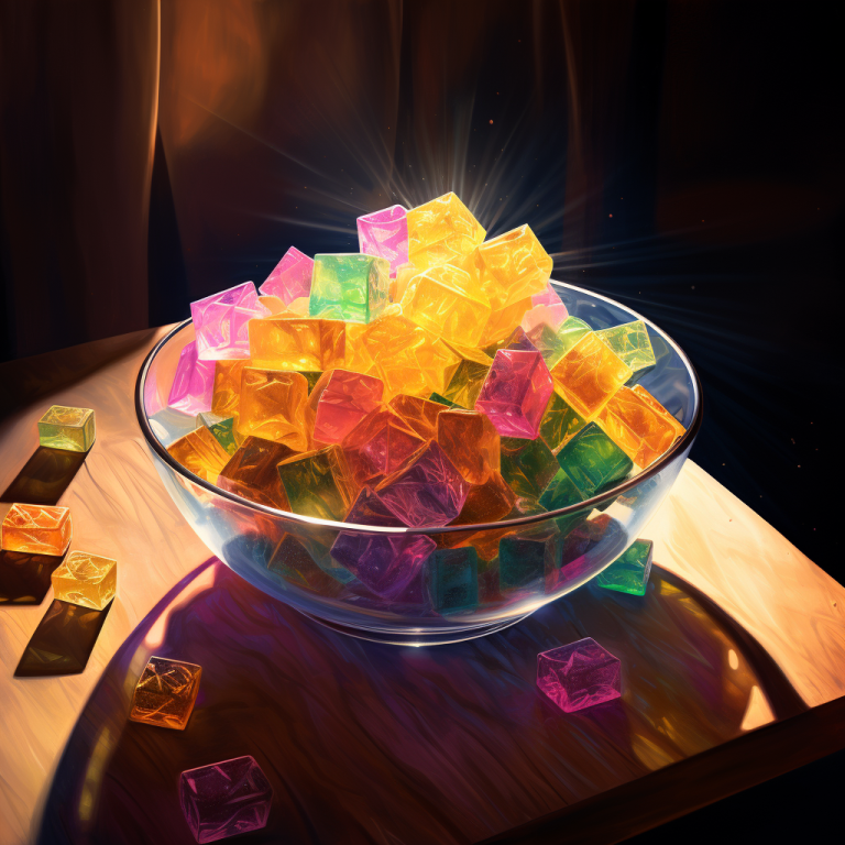 A bowl filled with vividly colored, glowing cubes on a wooden surface with a dark background and radiant light highlighting the objects.