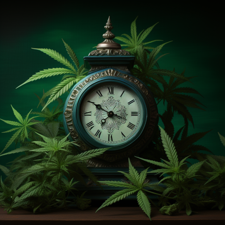 A clock set against the backdrop of a green cannabis plant, ticking away slowly in the foreground. Style: Photorealism; sharp details and precise line work to emphasize the concept of time passing by.