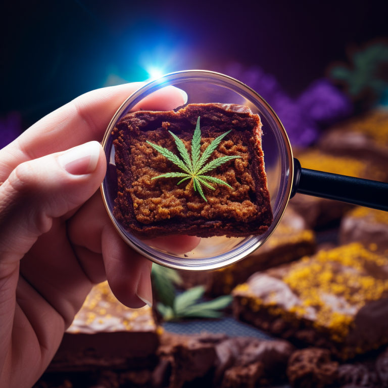 A close - up of a hand holding a magnifying glass over a colorful cannabis - infused brownie, The colors used should be bold and eye - catching, while maintaining a realistic feel.