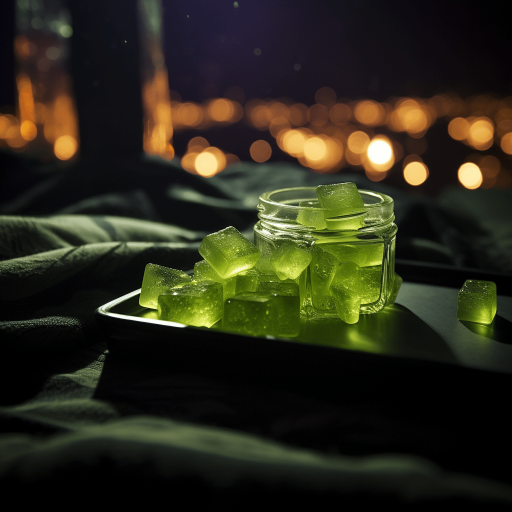 closeup of a square cannabis gummy resting on a bedside table in the moonlight, with a soft focus and ethereal feel.