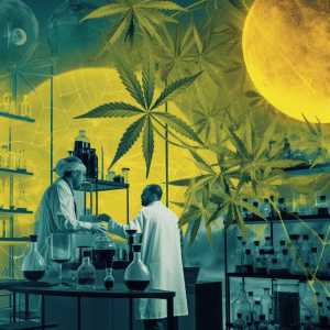Two scientists are conducting research in a laboratory with cannabis plants and chemistry equipment, with a stylized backdrop featuring a moon.