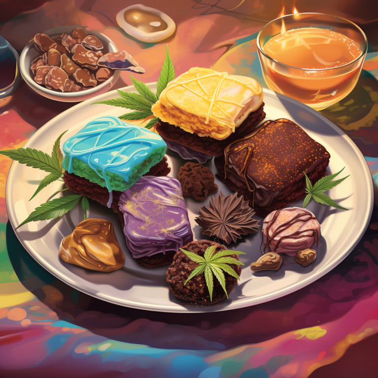 A colorful plate of cannabis - infused brownies, cookies, and other confectionery treats with a soft focus background. Art style should be painterly and colorful yet subtle in its detailing.
