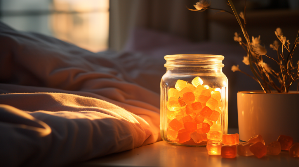 A low angle, close - up shot of the nightstand with the bottle of gummies illuminated by a soft moonlight streaming in from the window. A slightly fuzzy focus on the gummies and an orange, dreamy filter gives the image a sense of dreamy calmness.