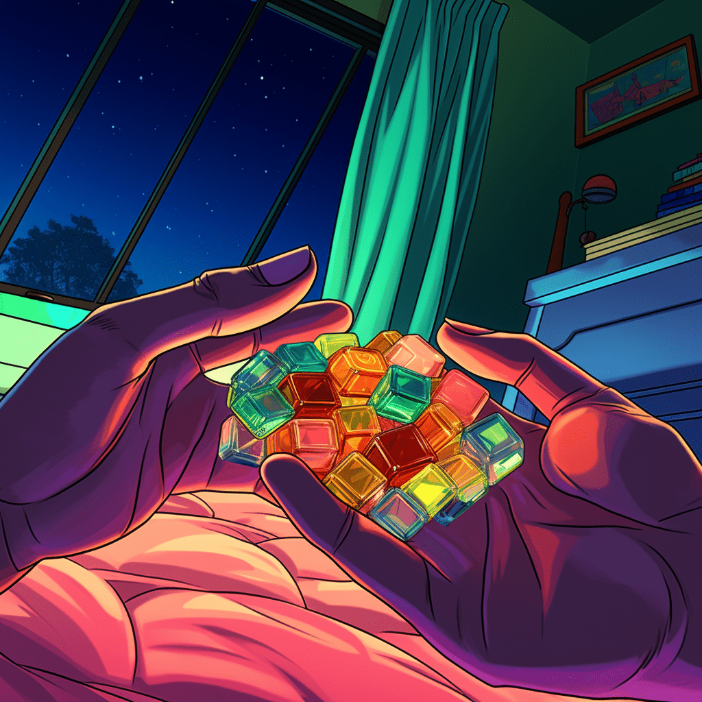 A person lying in bed, with a hand reaching out to grab a sqaure cannabis gummy from the bedside table next to them. The focus should be on the person's relaxed expression and the anticipation of relief that comes with taking the gummy. Colors should be saturated and vibrant.