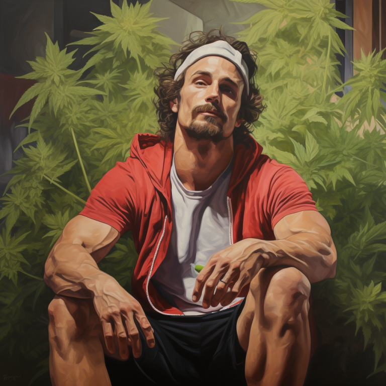 A portrait of Jake, dressed in gym gear with a cannabis leaf in the background. The style should be bold and vibrant, highlighting the juxtaposition of his fitness lifestyle and cannabis consumption. Michigan Edibles