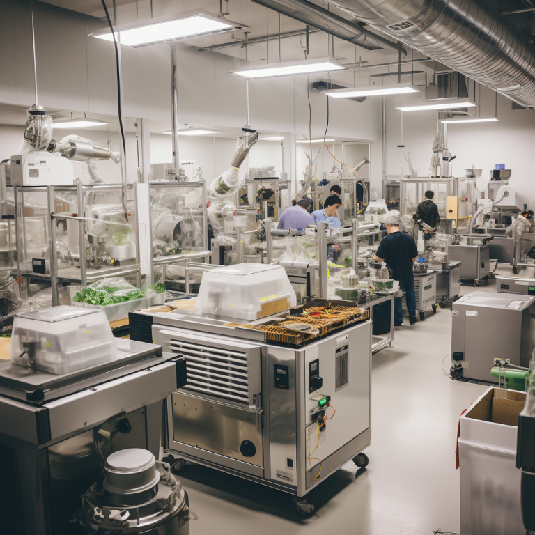 A wide shot depicting the interior of a Cannabis Processing Center, filled with various machines and equipment that are used to process raw cannabis into oil. The workers should be in focus, showing their energy and enthusiasm as they work together to craft exquisite products. The overall atmosphere should be one of unity and contentment, with soft lighting illuminating the space