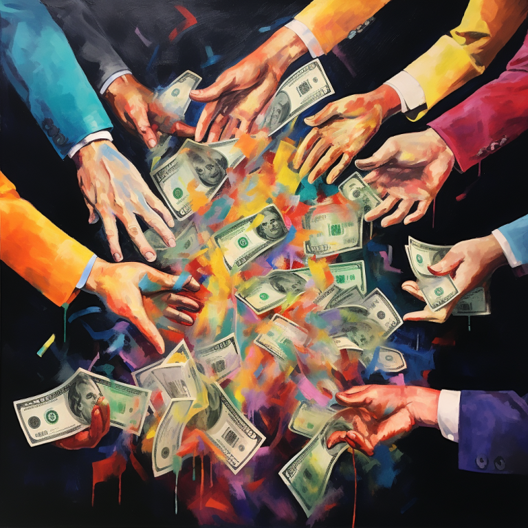 An abstract painting featuring several hands all reaching out towards a pile of money. The painting should take on an ethereal quality with pops of vibrant colors to highlight the idea of opportunity and promise within this cannabis processing venture