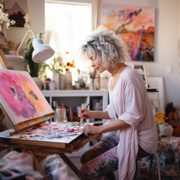 An artist paints on a canvas in a sunlit, cozy studio filled with art supplies and colorful paintings.