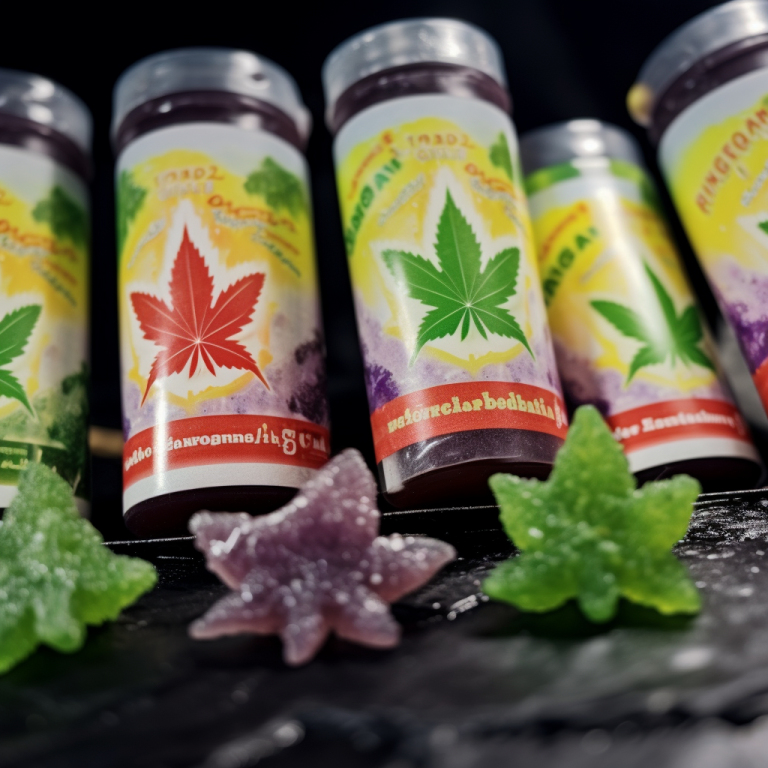 Bottles with cannabis leaf labels and gummy candies are displayed, suggesting CBD or hemp-related products.