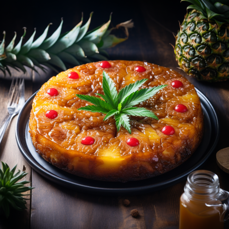 An upside-down pineapple cake garnished with cherries and a cannabis leaf, displayed on a rustic table setting with fruit accents.