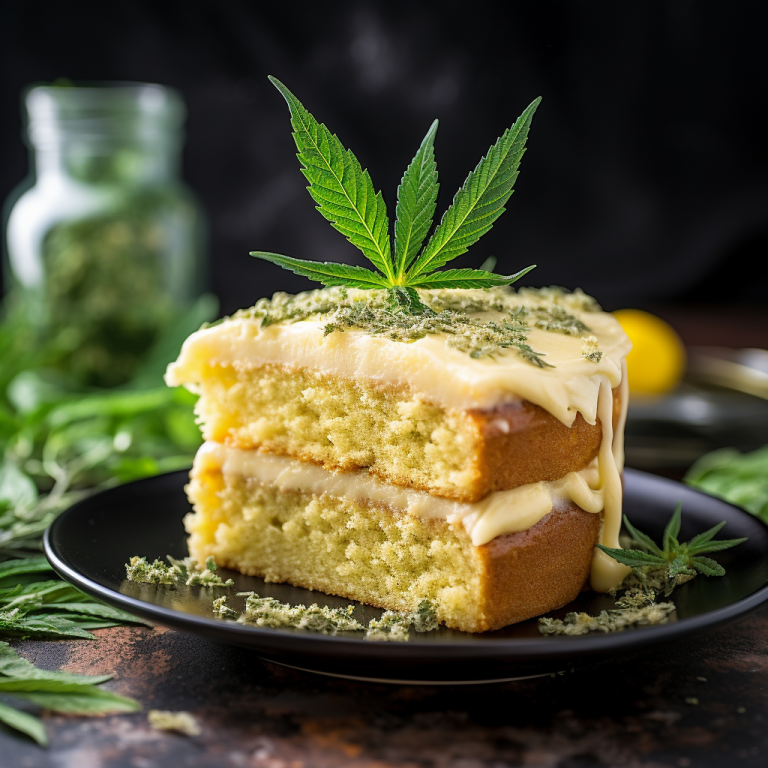 A slice of cake with cream frosting is adorned with a cannabis leaf, surrounded by additional leaves, implying an infusion of cannabis in the recipe.