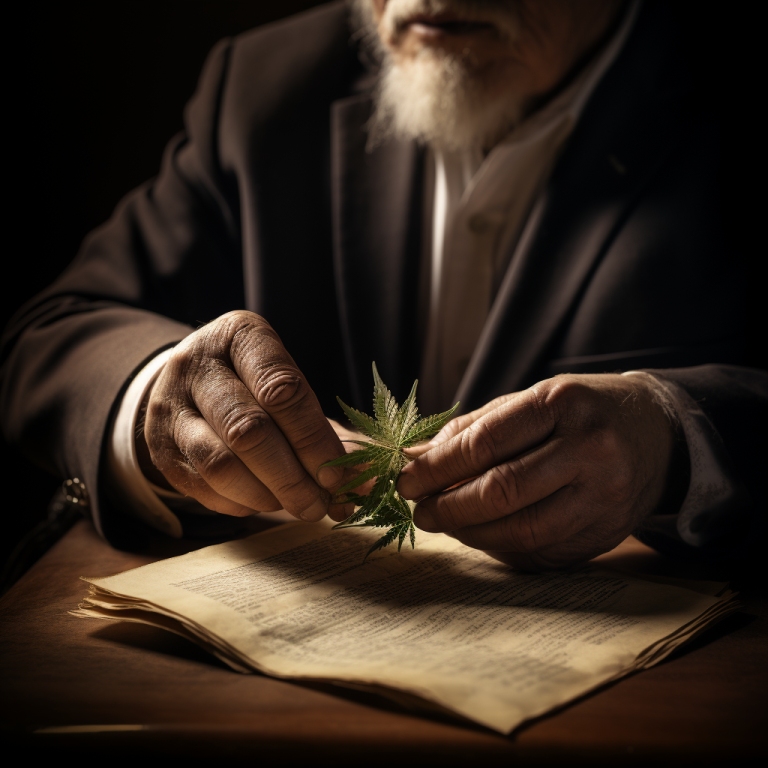 An elderly individual examines a cannabis leaf over an open book in a dimly lit setting.