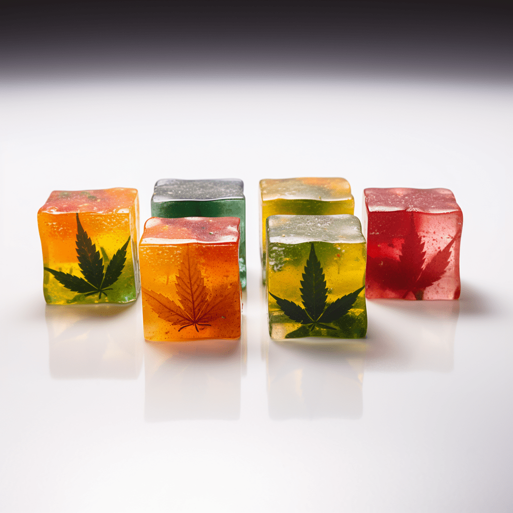 Colorful translucent gummy candies with cannabis leaf imprints are displayed on a reflective surface.