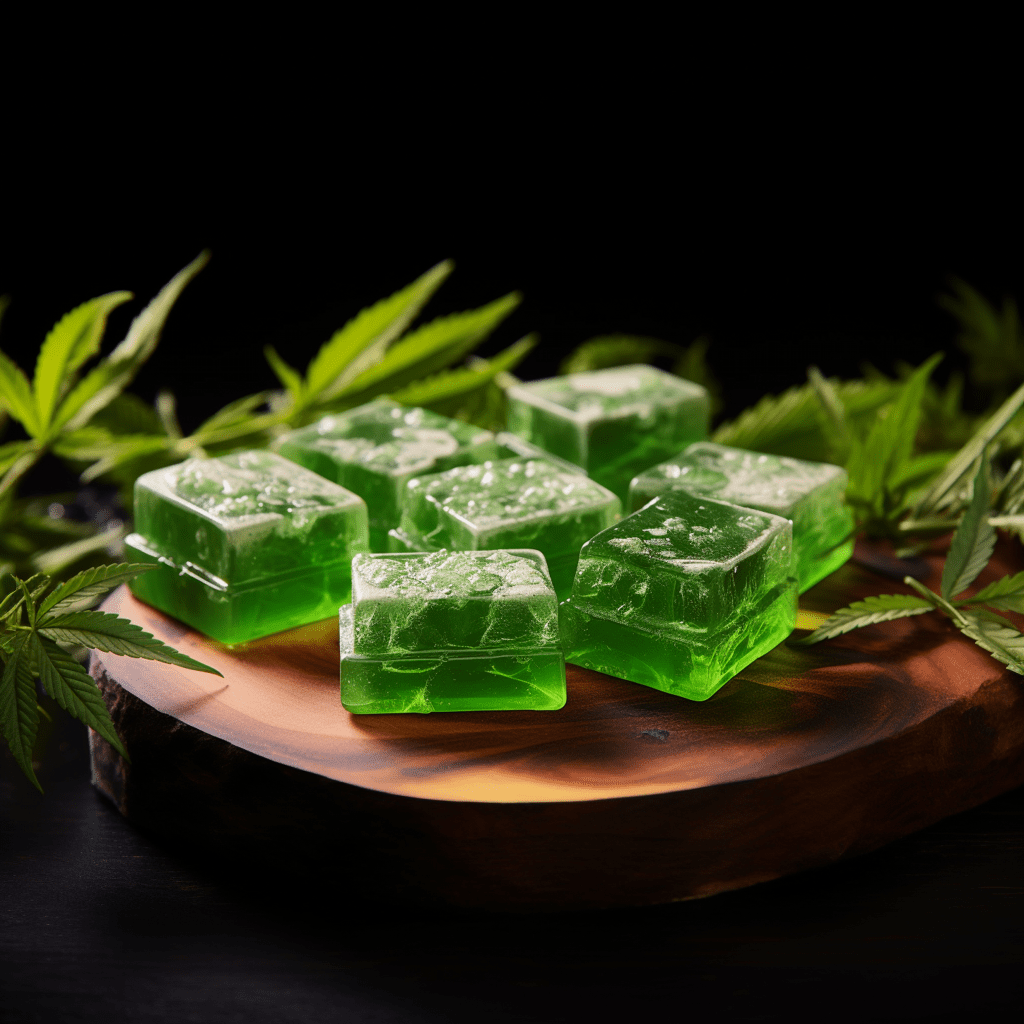 Green, translucent cannabis-infused gummies displayed on a wooden plate with cannabis leaves around, against a dark background.