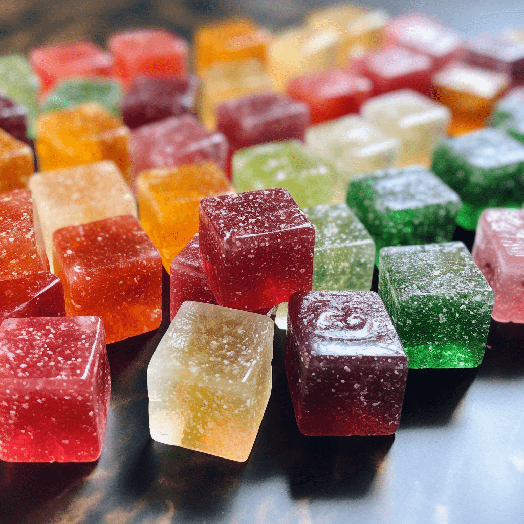 An assortment of colorful, translucent gummy candies scattered on a reflective surface.