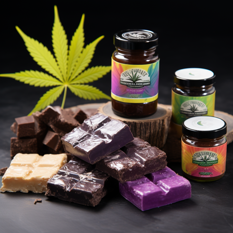 The image showcases various cannabis-infused edibles including chocolates and jars of spread, accompanied by a cannabis leaf.