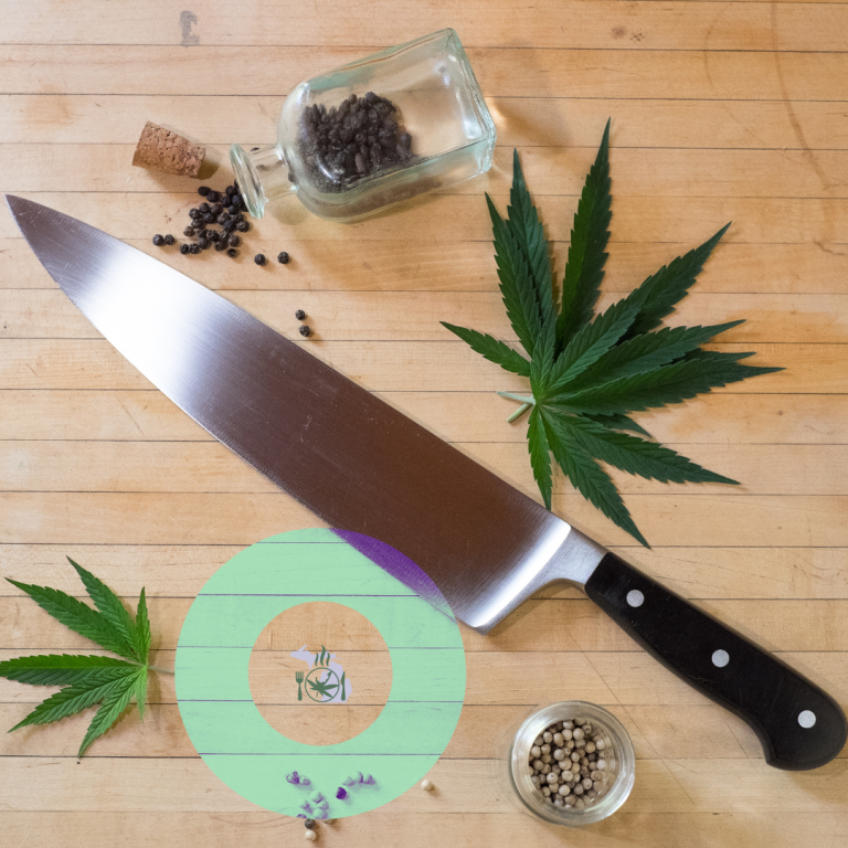 The image shows a chef's knife, peppercorns, a cannabis leaf, and a bottle on a cutting board with a cooking target graphic.