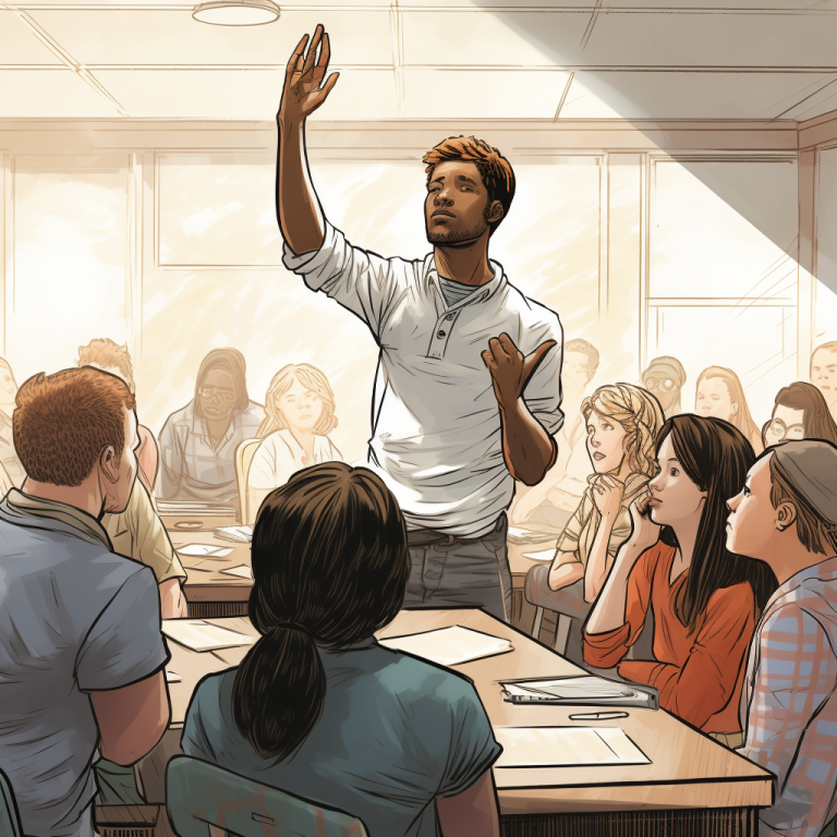 An illustration of a young man raising his hand in a crowded classroom setting, indicating a desire to participate or ask a question.