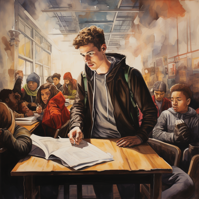Image of Jayden Carter in a classroom setting. He is surrounded by other students, and he is actively engaged in learning. Art style: Ink and watercolor, to create a dynamic and energetic atmosphere.