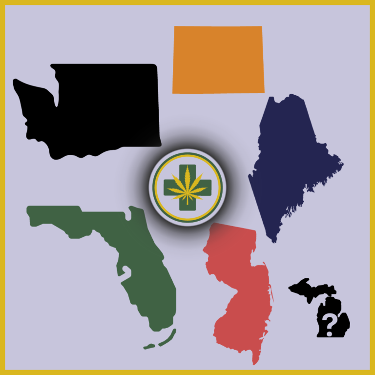 The image shows silhouettes of different states with a cannabis leaf symbol at the center, possibly suggesting a theme of marijuana legalization in various US states.