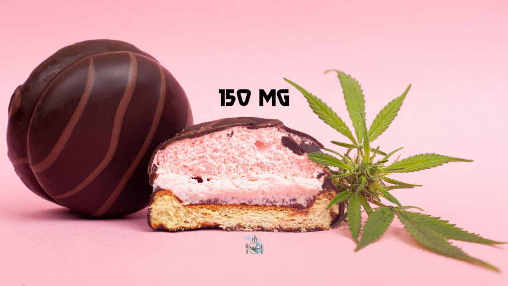 A cannabis-infused chocolate dessert with a bitten piece revealing a pink filling next to a cannabis leaf, designated as containing 150 mg.