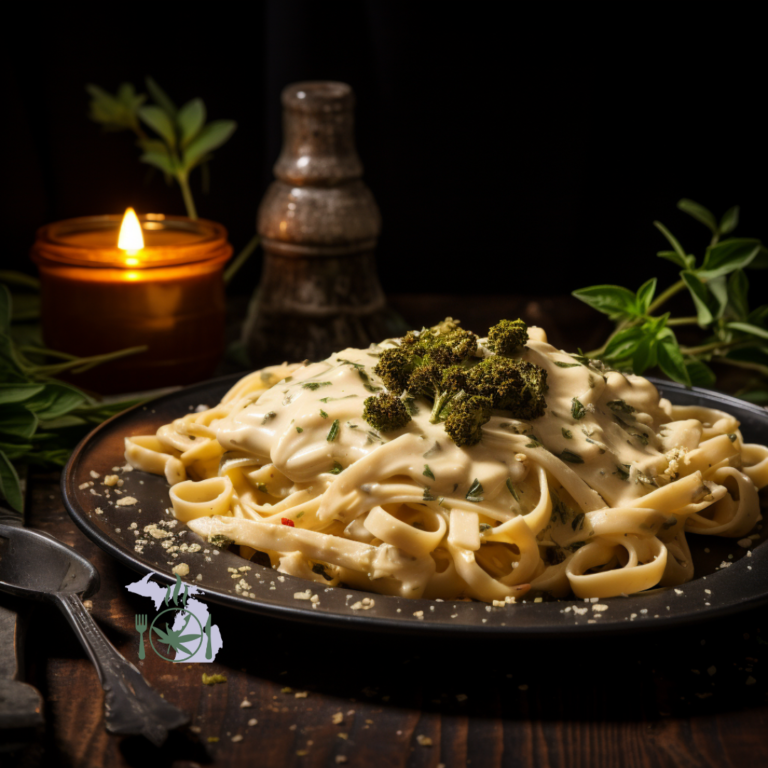 A plate of fettuccine pasta with creamy sauce and herbs, accompanied by a lit candle and fresh plants, evoking a cozy ambiance.