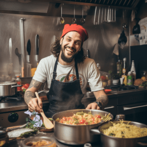A cheerful chef in a red hat is stirring a large pot in a busy, well-equipped commercial kitchen.